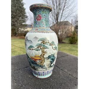 Vintage Chinese 14.5” Porcelain Vase Hand Painted Mountain Landscape Floral